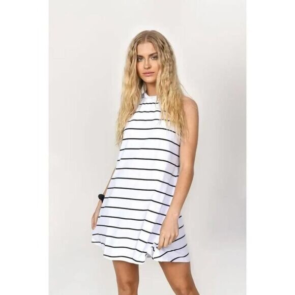 Women's High Neck Sleeveless Short Dress Stripe Flare Tank Dress - Picture 2 of 7